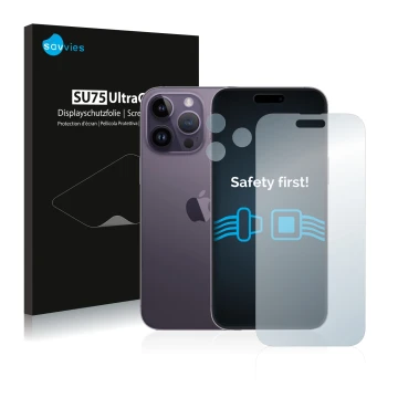Face avant d’un emballage produit avec le logo de la marque Savvies. À côté, l’appareil Apple iPhone 14 Pro Max (Avant+Caméra)