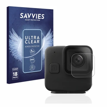 Face avant d’un emballage produit avec le logo de la marque Savvies. À côté, l’appareil GoPro Hero 11 mini Lentille (Caisse) e