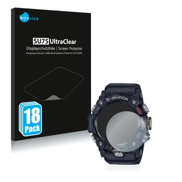 Face avant d’un emballage produit avec le logo de la marque Savvies. À côté, l’appareil Casio G-Shock Mudmaster GG-B100-1AER e