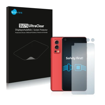 Face avant d’un emballage produit avec le logo de la marque Savvies. À côté, l’appareil OnePlus Nord 2 5G (Avant+Caméra) est r