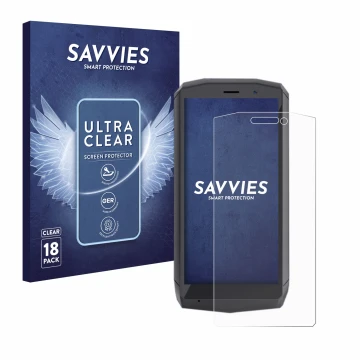 Face avant d’un emballage produit avec le logo de la marque Savvies. À côté, l’appareil Cubot Pocket est représenté avec la pr