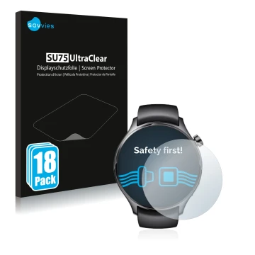 Face avant d’un emballage produit avec le logo de la marque Savvies. À côté, l’appareil Xiaomi Watch S1 Pro est représenté ave