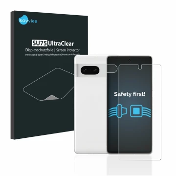 Face avant d’un emballage produit avec le logo de la marque Savvies. À côté, l’appareil Google Pixel 7 (Avant+Caméra) est repr