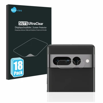 Face avant d’un emballage produit avec le logo de la marque Savvies. À côté, l’appareil Google Pixel 7 Pro (Caméra UNIQUEMENT)