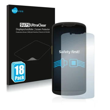 Face avant d’un emballage produit avec le logo de la marque Savvies. À côté, l’appareil Zebra TC58 est représenté avec la prot