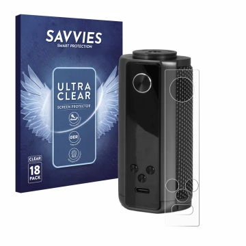 Face avant d’un emballage produit avec le logo de la marque Savvies. À côté, l’appareil Vaporesso Target 200 Mod est représent