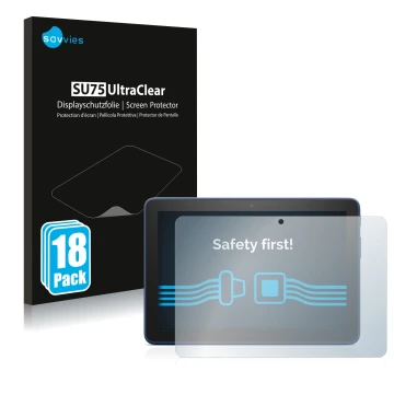 Face avant d’un emballage produit avec le logo de la marque Savvies. À côté, l’appareil Amazon Fire HD 8 2022 est représenté a