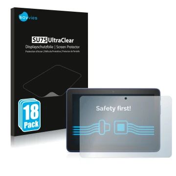 Face avant d’un emballage produit avec le logo de la marque Savvies. À côté, l’appareil Amazon Fire HD 8 Plus 2022 est représe