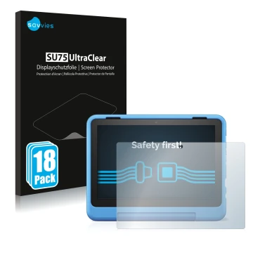 Face avant d’un emballage produit avec le logo de la marque Savvies. À côté, l’appareil Amazon Fire HD 8 Kids Pro 2022 est rep