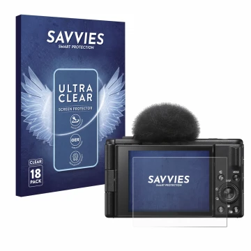 Face avant d’un emballage produit avec le logo de la marque Savvies. À côté, l’appareil Sony ZV-1F est représenté avec la prot