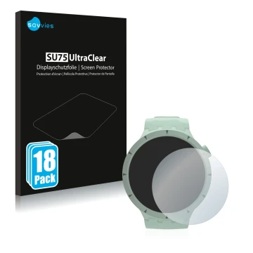 Face avant d’un emballage produit avec le logo de la marque Savvies. À côté, l’appareil Swatch Big Bold Bioceramic est représe