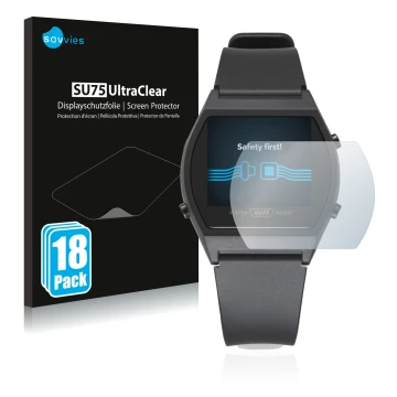 Face avant d’un emballage produit avec le logo de la marque Savvies. À côté, l’appareil Casio LW-204-1BEF est représenté avec 