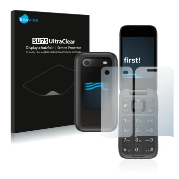 Face avant d’un emballage produit avec le logo de la marque Savvies. À côté, l’appareil Nokia 2660 Flip (Avant+Arrière) est re