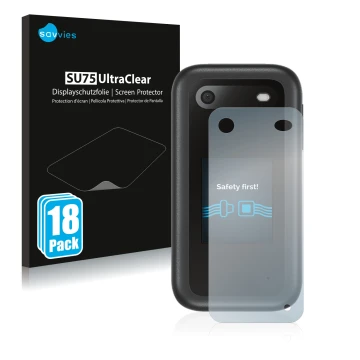 Face avant d’un emballage produit avec le logo de la marque Savvies. À côté, l’appareil Nokia 2660 Flip (Arrière) est représen