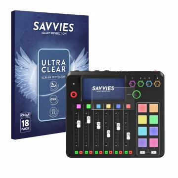Face avant d’un emballage produit avec le logo de la marque Savvies. À côté, l’appareil Rode Rodecaster Pro II est représenté 