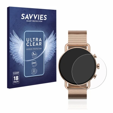 Face avant d’un emballage produit avec le logo de la marque Savvies. À côté, l’appareil Skagen Falster Gen 6 (41 mm) est repré