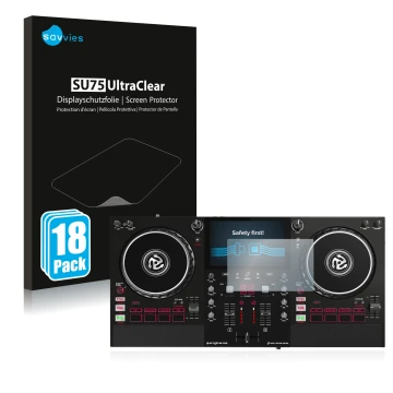 Face avant d’un emballage produit avec le logo de la marque Savvies. À côté, l’appareil Numark Mixstream Pro est représenté av