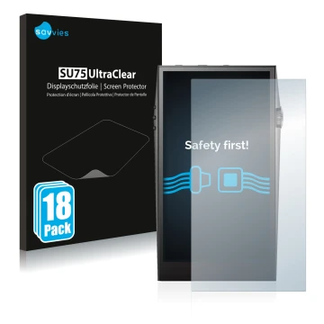 Face avant d’un emballage produit avec le logo de la marque Savvies. À côté, l’appareil Astell&Kern SP3000 est représenté avec