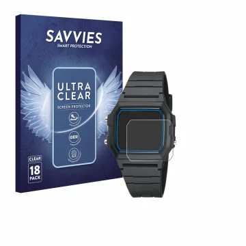 Face avant d’un emballage produit avec le logo de la marque Savvies. À côté, l’appareil Casio F-105W-1AWYEF est représenté ave