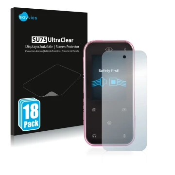 Face avant d’un emballage produit avec le logo de la marque Savvies. À côté, l’appareil Vtech Kidizoom Snap Touch est représen