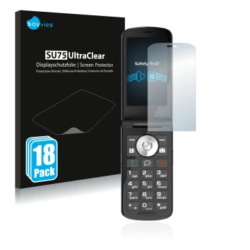 Face avant d’un emballage produit avec le logo de la marque Savvies. À côté, l’appareil Emporia TOUCHsmart.2 est représenté av