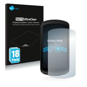 Face avant d’un emballage produit avec le logo de la marque Savvies. À côté, l’appareil Garmin Edge 1040 Solar est représenté 