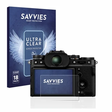 Face avant d’un emballage produit avec le logo de la marque Savvies. À côté, l’appareil Fujifilm X-T5 est représenté avec la p