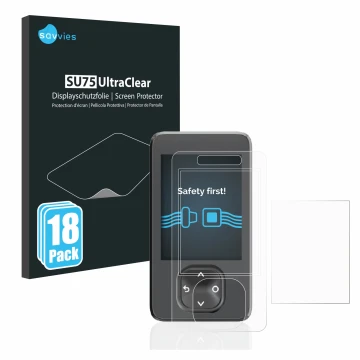 Face avant d’un emballage produit avec le logo de la marque Savvies. À côté, l’appareil Dexcom G7 CGM est représenté avec la p