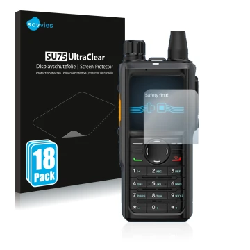 Face avant d’un emballage produit avec le logo de la marque Savvies. À côté, l’appareil Hytera HP 685 est représenté avec la p