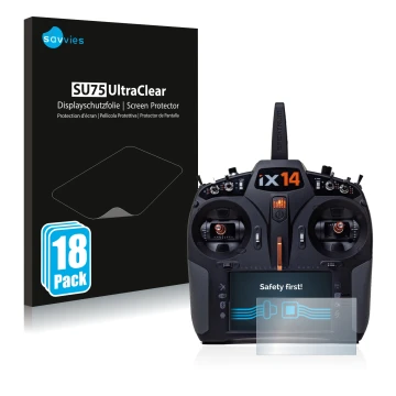 Face avant d’un emballage produit avec le logo de la marque Savvies. À côté, l’appareil Spektrum iX14 est représenté avec la p