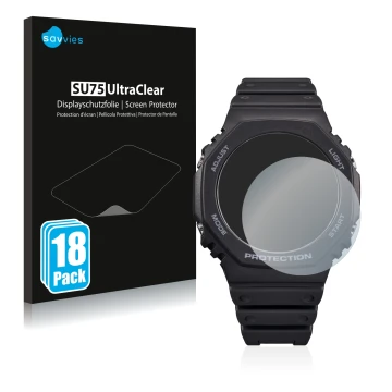 Face avant d’un emballage produit avec le logo de la marque Savvies. À côté, l’appareil Casio G-Shock GA-B2100 est représenté 