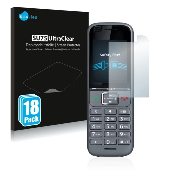 Face avant d’un emballage produit avec le logo de la marque Savvies. À côté, l’appareil Gigaset S700H PRO est représenté avec 