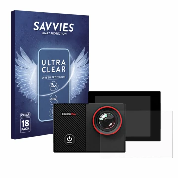 Face avant d’un emballage produit avec le logo de la marque Savvies. À côté, l’appareil Akaso EK7000 Pro est représenté avec l