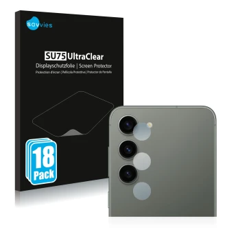 Face avant d’un emballage produit avec le logo de la marque Savvies. À côté, l’appareil Samsung Galaxy S23 (Caméra UNIQUEMENT)