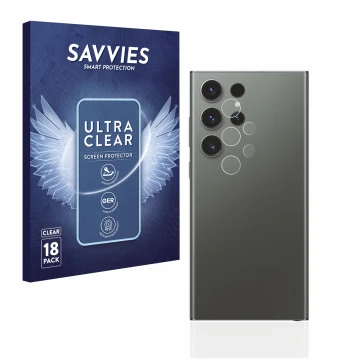 Face avant d’un emballage produit avec le logo de la marque Savvies. À côté, l’appareil Samsung Galaxy S23 Ultra (Caméra UNIQU