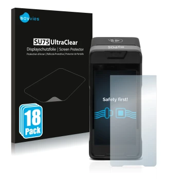 Face avant d’un emballage produit avec le logo de la marque Savvies. À côté, l’appareil myPOS Carbon est représenté avec la pr