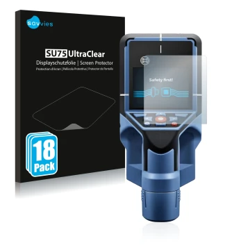 Face avant d’un emballage produit avec le logo de la marque Savvies. À côté, l’appareil Bosch D-tect 200 C Wallscanner est rep