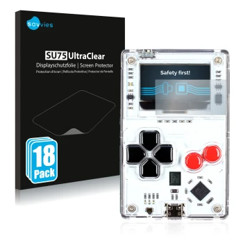 Face avant d’un emballage produit avec le logo de la marque Savvies. À côté, l’appareil Arduboy FX est représenté avec la prot