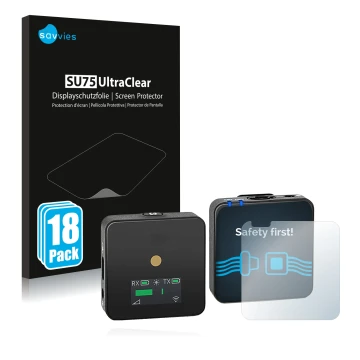 Face avant d’un emballage produit avec le logo de la marque Savvies. À côté, l’appareil Rode Wireless GO II est représenté ave