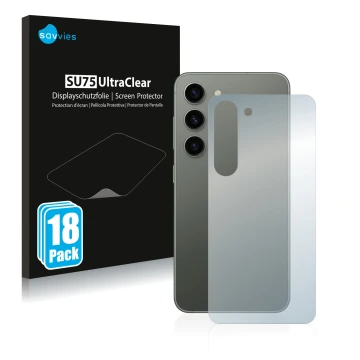 Face avant d’un emballage produit avec le logo de la marque Savvies. À côté, l’appareil Samsung Galaxy S23 (Arrière) est repré