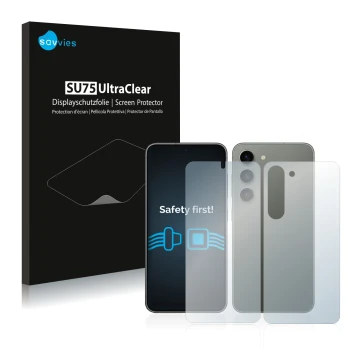 Face avant d’un emballage produit avec le logo de la marque Savvies. À côté, l’appareil Samsung Galaxy S23 (Avant+Arrière) est