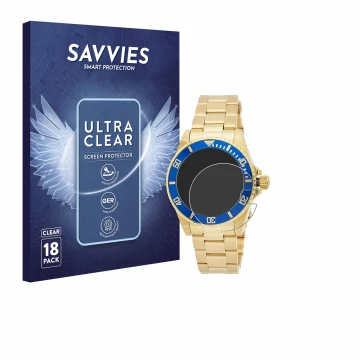Face avant d’un emballage produit avec le logo de la marque Savvies. À côté, l’appareil Invicta Pro Diver 8930OB (40mm) est re