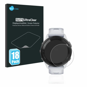 Face avant d’un emballage produit avec le logo de la marque Savvies. À côté, l’appareil Garmin Forerunner 265 (46 mm) est repr