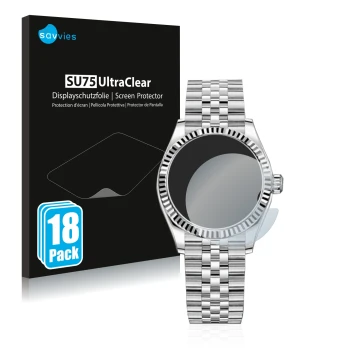 Face avant d’un emballage produit avec le logo de la marque Savvies. À côté, l’appareil Rolex Datejust 31 est représenté avec 