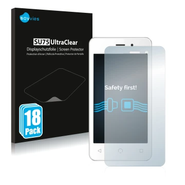 Face avant d’un emballage produit avec le logo de la marque Savvies. À côté, l’appareil NUU Mobile A1 est représenté avec la p