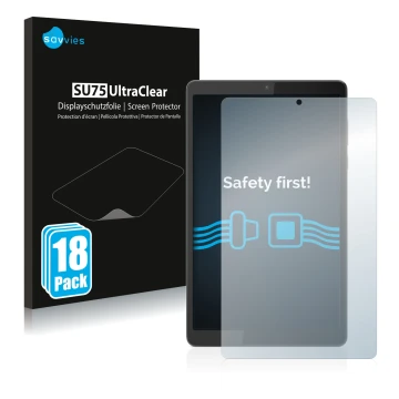 Face avant d’un emballage produit avec le logo de la marque Savvies. À côté, l’appareil Lenovo Tab M8 (4ème Gen.) est représen