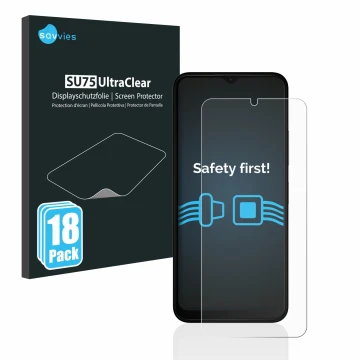 Face avant d’un emballage produit avec le logo de la marque Savvies. À côté, l’appareil Nokia C32 est représenté avec la prote