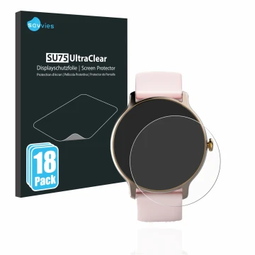 Face avant d’un emballage produit avec le logo de la marque Savvies. À côté, l’appareil Hama Fit Watch 4910 est représenté ave