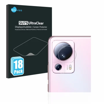 Face avant d’un emballage produit avec le logo de la marque Savvies. À côté, l’appareil Xiaomi 13 Lite (Caméra UNIQUEMENT) est