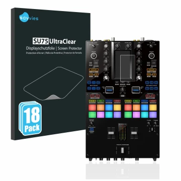 Face avant d’un emballage produit avec le logo de la marque Savvies. À côté, l’appareil Pioneer DJM-S11 est représenté avec la